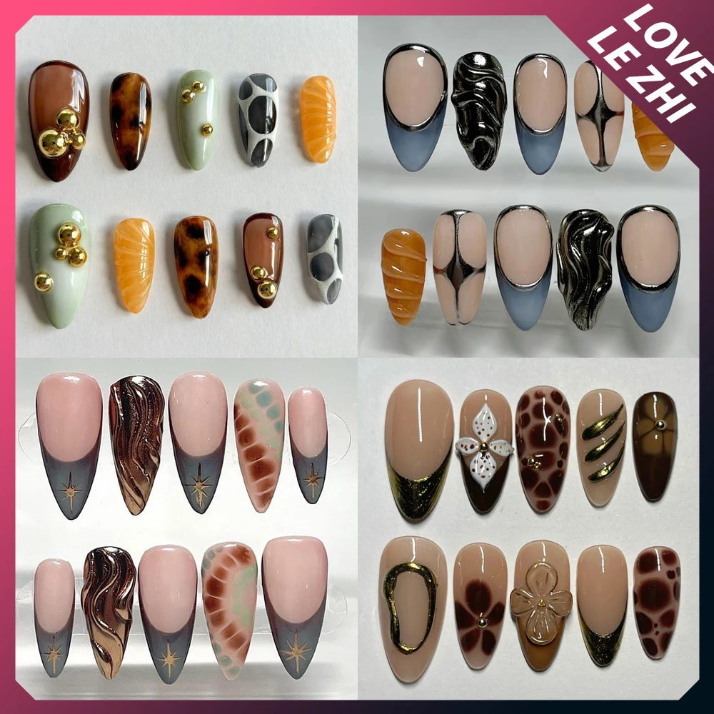 Nail Art Leopard - Hand-Painted Almond Flowers Handmade Fake Nail