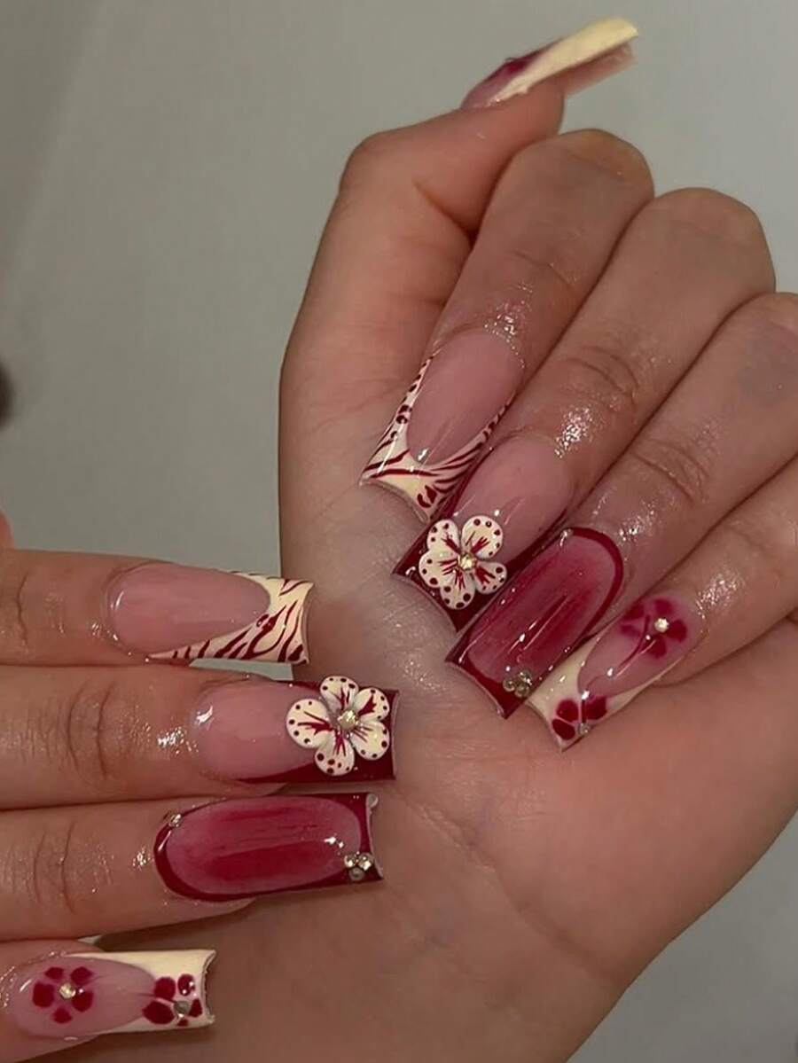 Nail Art Elegant - 24pcs/Set Minimalist French Burgundy Floral &
