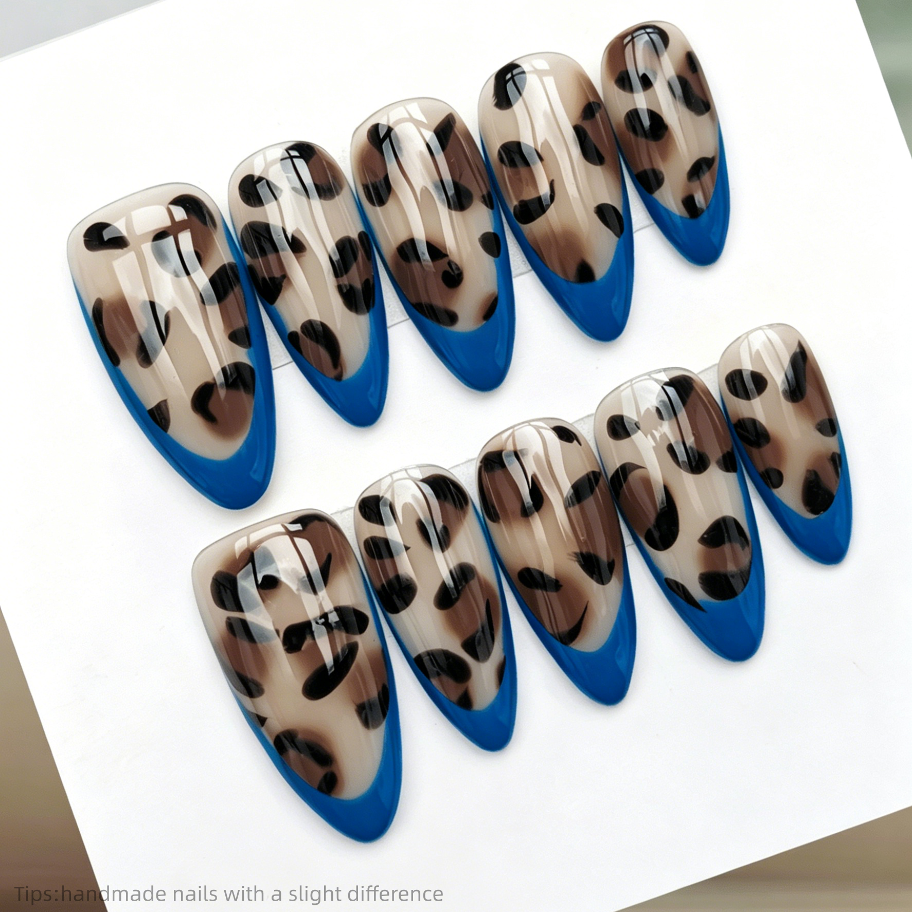 10pcs Handmade Blue French Leo - Nail Art Leopard ulasan dan harga