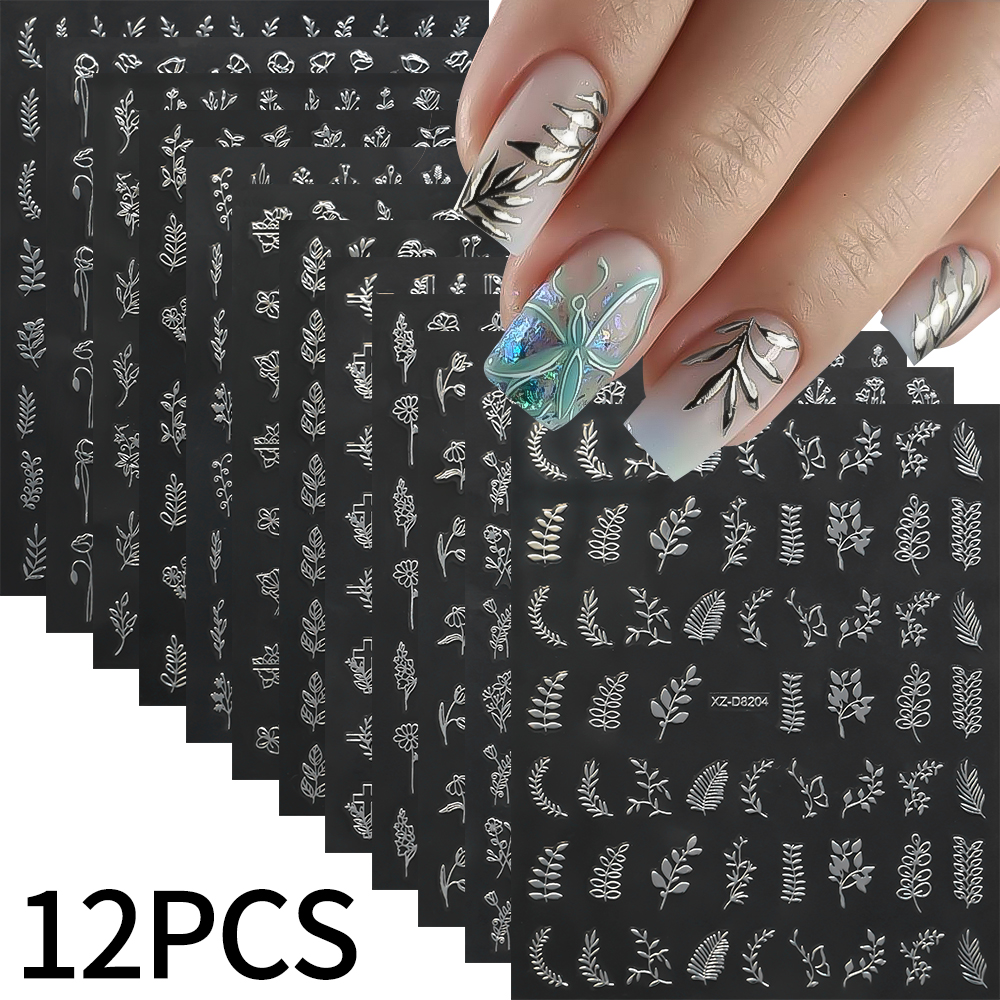 12pcs/set 3D Shiny Leaf Flower - Nail Art Leopard ulasan dan harga