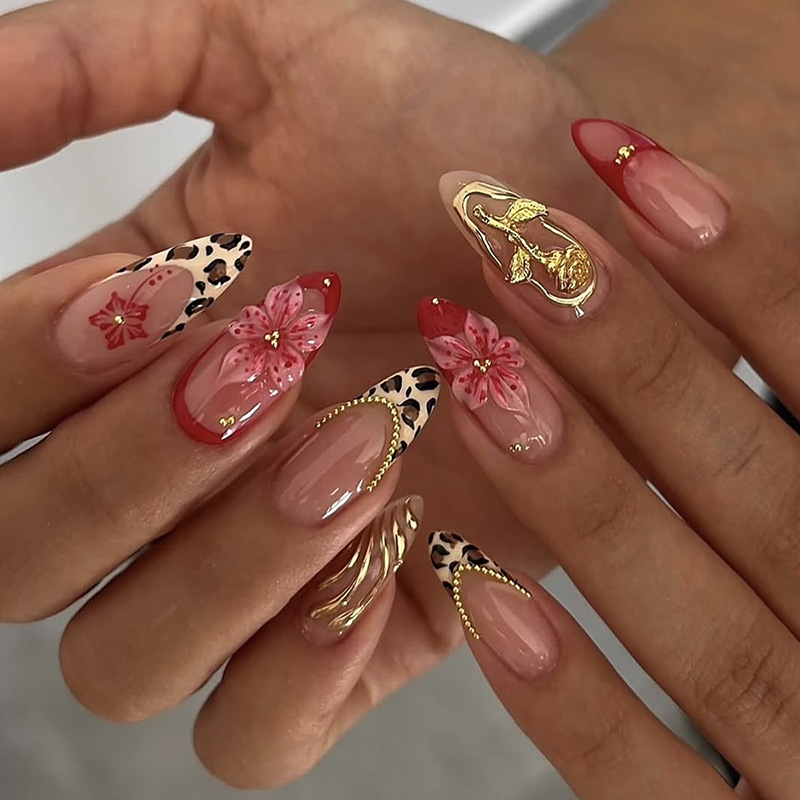 24pcs Red French Press on Nail - Nail Art Leopard ulasan dan harga